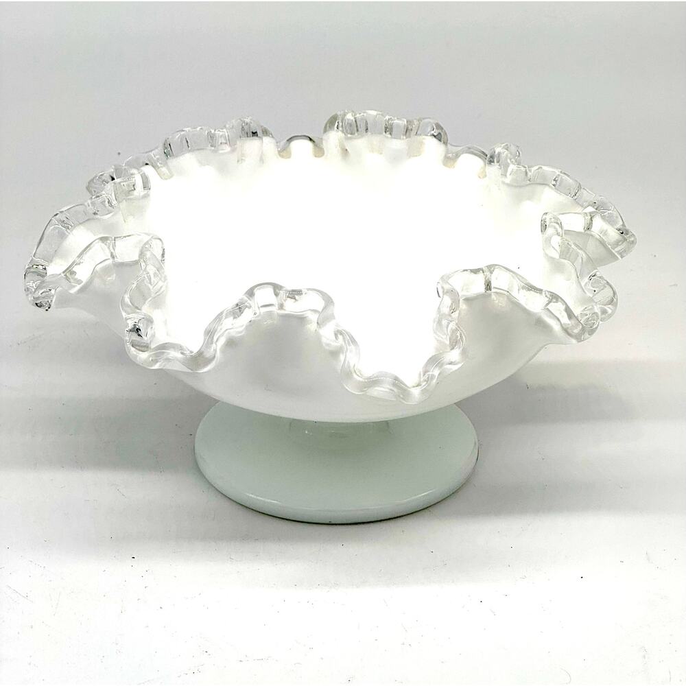 Compote Bowl Fenton Silver Crest Milk Glass Pedestal 8”W x 4”H